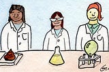 3 female scientists in lab coats