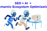 Illustrates the evolution of SEO in the AI era with a visual metaphor. It shows two characters racing towards a computer: a traditionally-dressed “SEO” character (wearing a bowler hat and vintage attire) and a modern “LLMO” (LLM Optimization) character in contemporary clothing. Above them, the title reads “SEO + AI = Semantic Ecosystem Optimization” in bold blue text, representing the merger of traditional SEO practices with AI technology to create a new approach to digital content optimization.