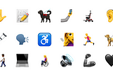 Screenshot of 17 accessibility-focused emojis from Apple’s emoji keyboard, including service dogs, wheelchairs, and sign language, with a heart emoji.