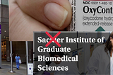 Photo of NYU Langone building and sign, photo of hand holding OxyContin and photo of medical researchers.