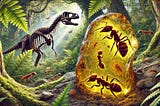 A realistic depiction of a prehistoric scene featuring ants from 100 million years ago preserved in amber, with detailed sensory organs visible. The background shows a lush, ancient forest with diverse foliage and a dinosaur in the distance. The amber is cracked open, highlighting the ants’ sensory structures, capturing the essence of the Cretaceous period