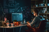 Man sitting at desk in front of computer with complex diagram drawings displayed on computer screen and blackboard in front of him.