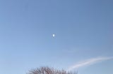 A picture of a blue sky with a cloud and the moon in the center taken from the author’s deck.