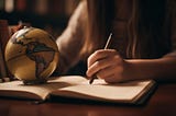Female hands holding a pen above one side of an open book with a desk globe on the other side.