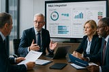 Leadership team in boardroom reviewing M&A strategy and integration dashboards