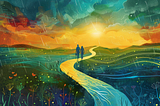 An artistic illustration showing two silhouetted figures walking hand in hand along a winding path through a vibrant landscape. The scene transitions from a sunny, warm-colored horizon to a cool, rainy atmosphere, representing the varied experiences in a relationship. The path is surrounded by stylized, colorful vegetation and hearts, under a dynamic sky with sun, rain, and symbolic elements of time and growth.