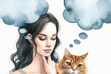 A dark-haired woman stroking her chin in thought while holding a blond and white, long-haired cat. Two empty though bubbles appear above their heads.