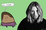 Blob on the left wearing a purple shirt thinking “What is hér deal?”. On the right a blonde white girl wearing a black hoodie and sticking her tongue out while looking straight at the camera.