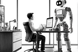 A black and white pencil sketch depicting a human intelligence analyst working at a desk in an office with an iRobot-like representation of ChatGPT standing nearby, interacting with the analyst.