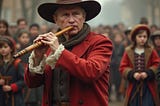 Vladimir Putin as the Pied Piper of Hamelin leading the children of Ukraine away