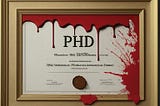 A PhD certificate in a frame covered in a blood-like substance.