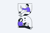 An illustration of a man and a woman each working remotely