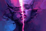 a digital painting of a woman in purple pink and blue showing her image as a fractured self cracking, moral injury, burnout, identity