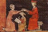 A medieval illustration of a seated man reaching out to hold the hands of a kneeling woman. Behind and beneath their arms, a seated figure can be seen writing on a manuscript.