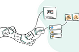 An illustration showing people moving boxes on the left side and components on the right side.