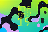A colourful graphic with numerous dark and purple blobs on a gradient background in greens and blues.