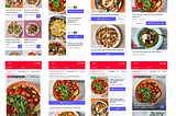 Eight different screenshots of design exploration showing different layouts of pictures and text for digital recipe cards