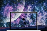 A Canva design of a boy flying to the moon using an umbrella goes beyond the laptop screen.