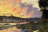 “The Seine at Bougival in the Evening”, an impressionist painting by Claude Monet depicting the Seine at sundown, with the setting sun casting shades of yellow and orange on the clouds.
