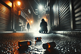 A close-up photo of a dimly lit urban street at night with a sense of danger and mystery. The scene features a dark alleyway with a shadowy figure in the background. Concept of the rise of illicit fentanyl and xylazine.