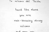 Handwritten text of the poem with a small drawing of volcano del Teide at the top.