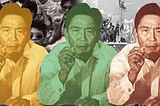 Ferdinand Marcos cut-outs in Yellow, Green and Red with the EDSA revolution in the background.