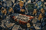 A Cubist illustration of a fractured American flag on life support as Donald Trump pulls the plug during a NATO summit, symbolizing the collapse of America’s global reputation and trust.