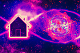 AI generated image of a neon house icon in front of an exploding nebula