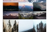 A collection of natural images such as the ground of a forest, desert extending higher through the natural layers of our existence (moving through the trees, to the mountains, sky, then stars) showing our place in this reality of current.