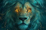 zodiac sign, lion, dark cyan and amber, surreal fantasy, created with Mijdourney