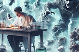 man sits at a desk while his laboratory erupts into chaos