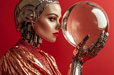 a red lips woman with robot hand holding a giant clear crystal ball looking inside, red background, AI image created on midjourney v6 by henrique centieiro and bee lee