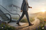 A visual metaphor for leaving the corporate “rat race” for a more fulfilling path. A person in a business suit steps off a rigid concrete escalator onto a winding dirt trail filled with wildflowers.