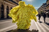 A human like creature covered head to toe in yellow post it notes standing on a street.