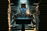Robot writing a novel surrounded by books — I tested the New GPT-4o (OMNI) for Writing Novels