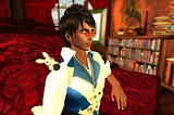 A screenshot from Second Life. A 3D rendered man with tan skin, wearing round, rose coloured glasses, white shirt and a blue and white striped vest. His hair is short, brown and tousled. On his shoulder sits a small white rabbit. He is sitting on a luxurious red brocade chair and looking off into the distance. The room looks to be a personal library, with timber fittings and stacks of books on bookshelves.