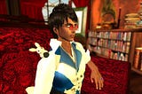 A screenshot from Second Life. A 3D rendered man with tan skin, wearing round, rose coloured glasses, white shirt and a blue and white striped vest. His hair is short, brown and tousled. On his shoulder sits a small white rabbit. He is sitting on a luxurious red brocade chair and looking off into the distance. The room looks to be a personal library, with timber fittings and stacks of books on bookshelves.