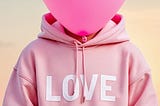 A man with a pink balloon head wearing a pink hoodie.