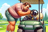 A cartoon of a stocky man bent over his golf cart, adjusting something in the motor on a bright, sunny summer day.