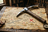 A shiny pickaxe over a vintage treasure map on a table. (AI entrepreneurship is the new goldrush.)