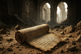 Image of an old, cracked scroll with faded Hebrew writing, partially buried in sandy ruins, with broken stone arches in the background and light softly shining through.