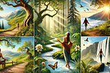 Five different images of nature, winding paths, trees, sunlight, waterfalls, butterflies, birds, each image contains the figure of a women, walking in the stream or on the beach or path. Cartoon, surreal type images drawn by AI program