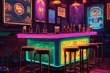 A cartoon-like image of the inside of a dive bar. Neon lights provide a colorful lighting for the bar, barstools, and beer bottles on the bar.