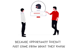Image with the message I broaden my professional orbit. Because opportunity doesn’t just come from what they know. It comes from who they know. There’s an illustration of two white men discussing a candidate who appears to be a woman with brown skin. Along the bottom of the graphic is the @BetterAllies handle and credit to @ninalimpi for the illustration.
