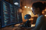 A female developer with glasses and curly hair works at her desk in warm, ambient lighting. She’s focused on multiple screens of colorful code while a small blue robot AI assistant sits beside her keyboard. The intimate workspace setting creates a collaborative atmosphere, showing human and AI working together rather than competing.