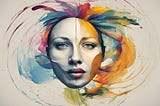 A pensive face that looks like porcelain, surroudned by circular swirls of paint.
