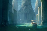 A boat in an ancient flooded temple.