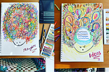 Two drawings side by side. On the left, is a very large head full of scribbled colours, reds, greens, blues, yellows. It says ‘Thoughts’. On the right, is a very large head full of lightbulbs, yellows, pinks, blues and straight lines in the middle. It says ‘Ideas’.