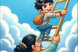 A young boy climbing a ladder into the clouds with a woman, possibly his mother, helping him from below