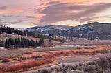 A late afternoon landscape of orange brush in the foreground, mountains in the background, and an orange, cloudy sky.